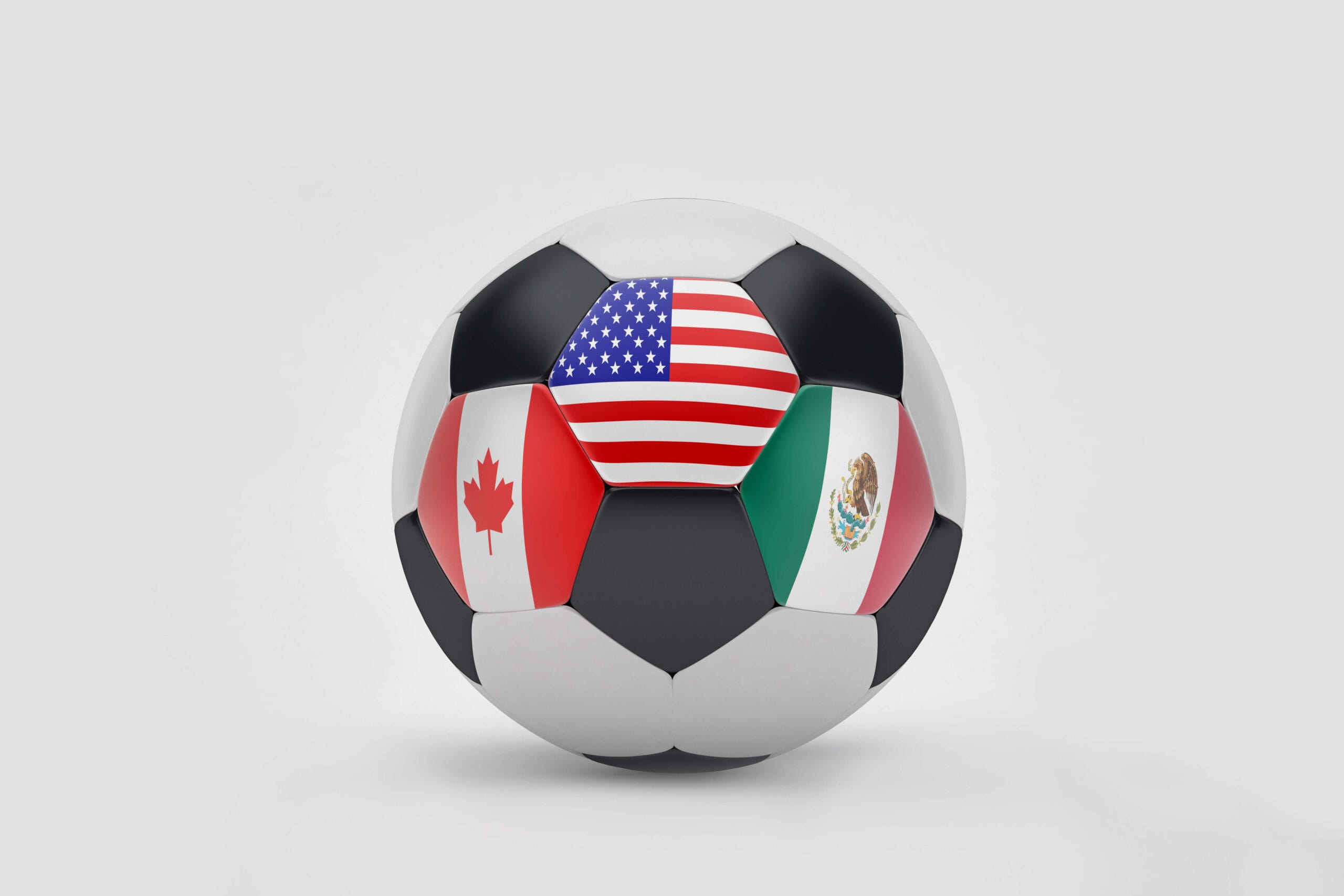 2026 World Cup Concept with Soccer Ball Showing USA, Canada, and Mexico Flags stock photo