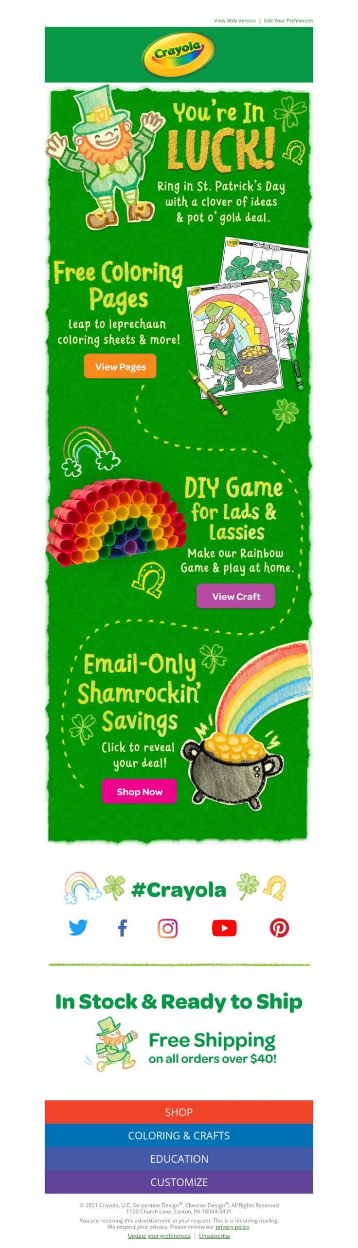 Example of St. Patrick's Day email campaign from Crayola