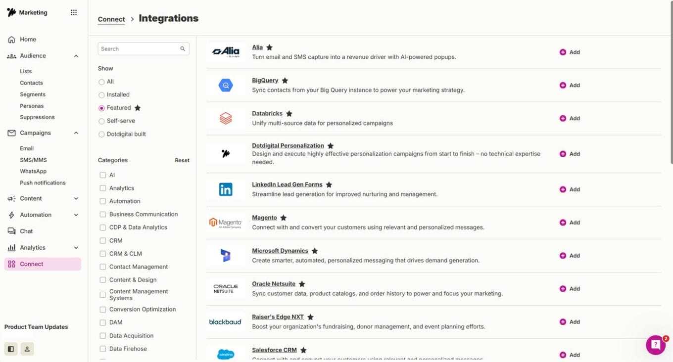 Screenshot of Dotdigital' integrations
