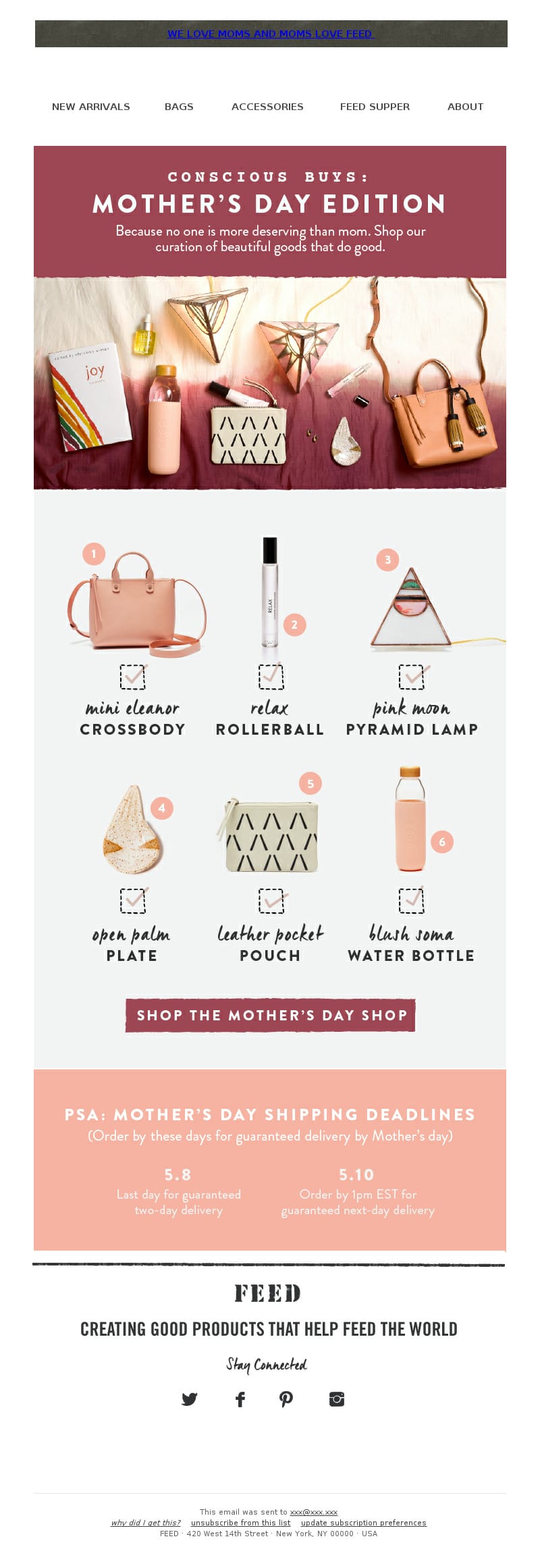 FEEDprojects Mother's Day email featuring a curated gift guide in various categories