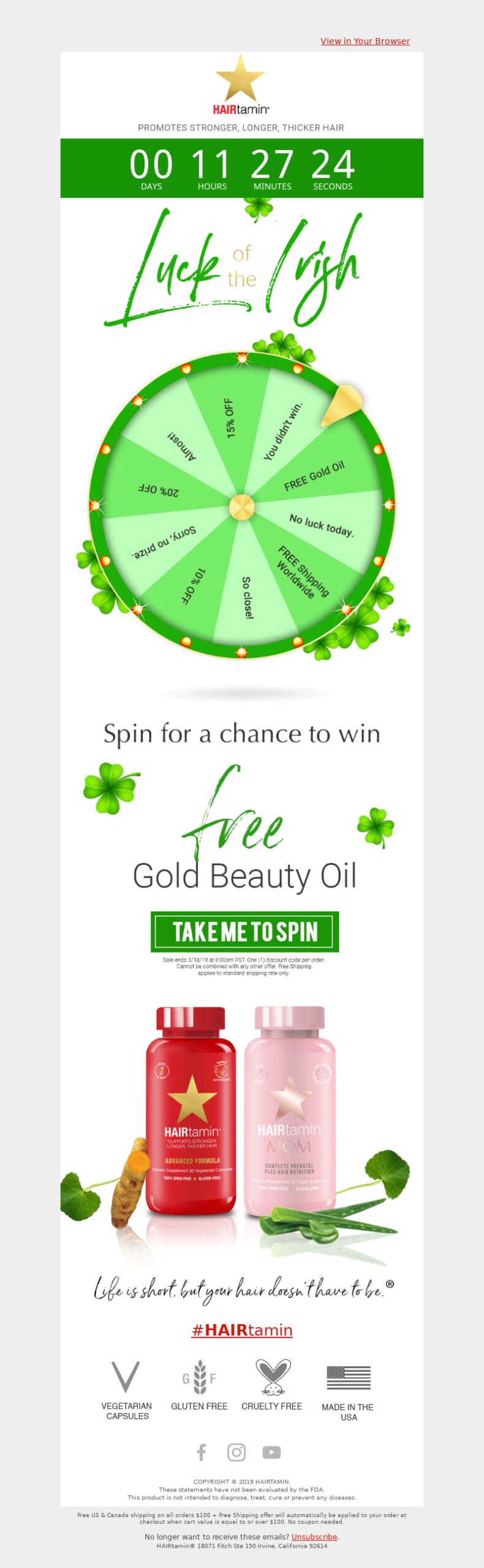 Example of St. Patrick's Day email campaign from Hairtamin