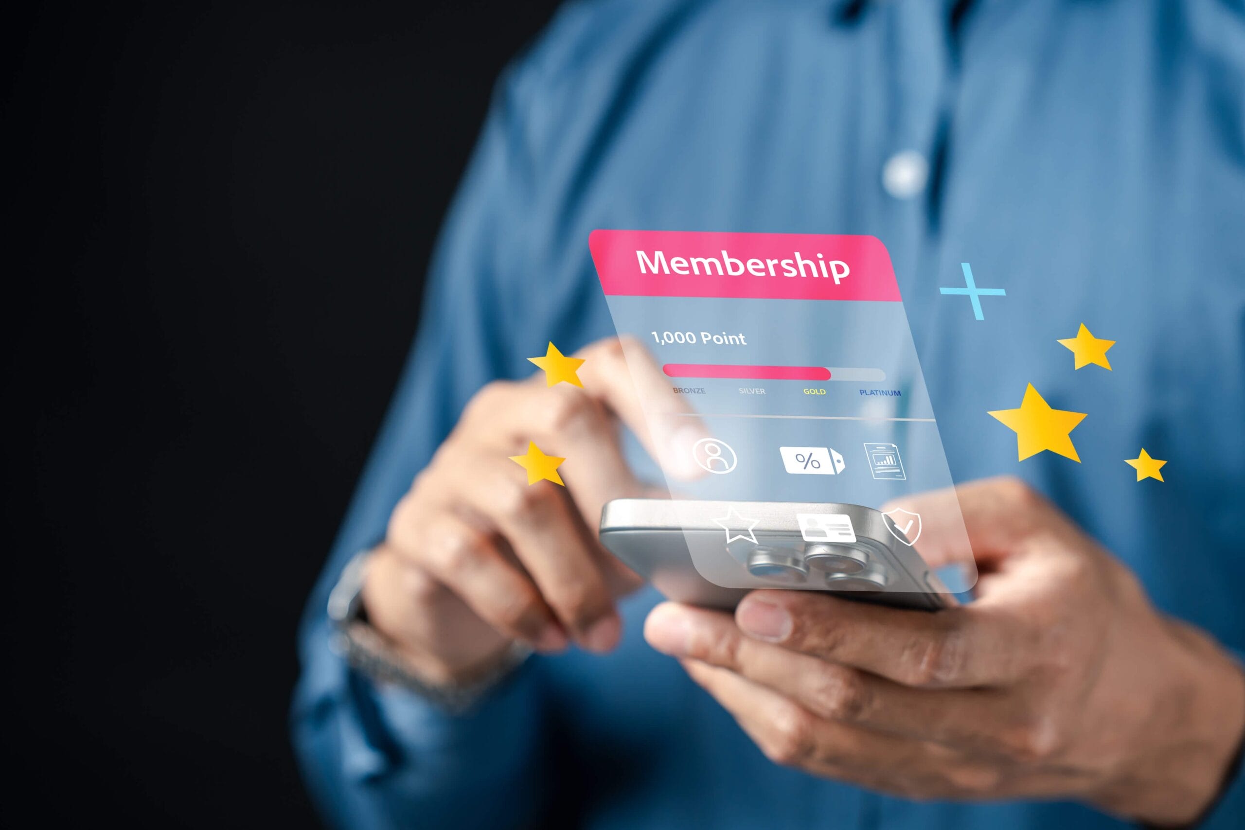 Man using smartphone app for points collection stock photo