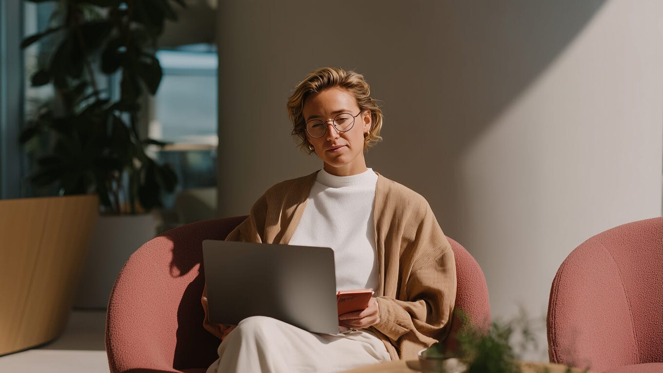 Marketer on chair using laptop and mobile phone