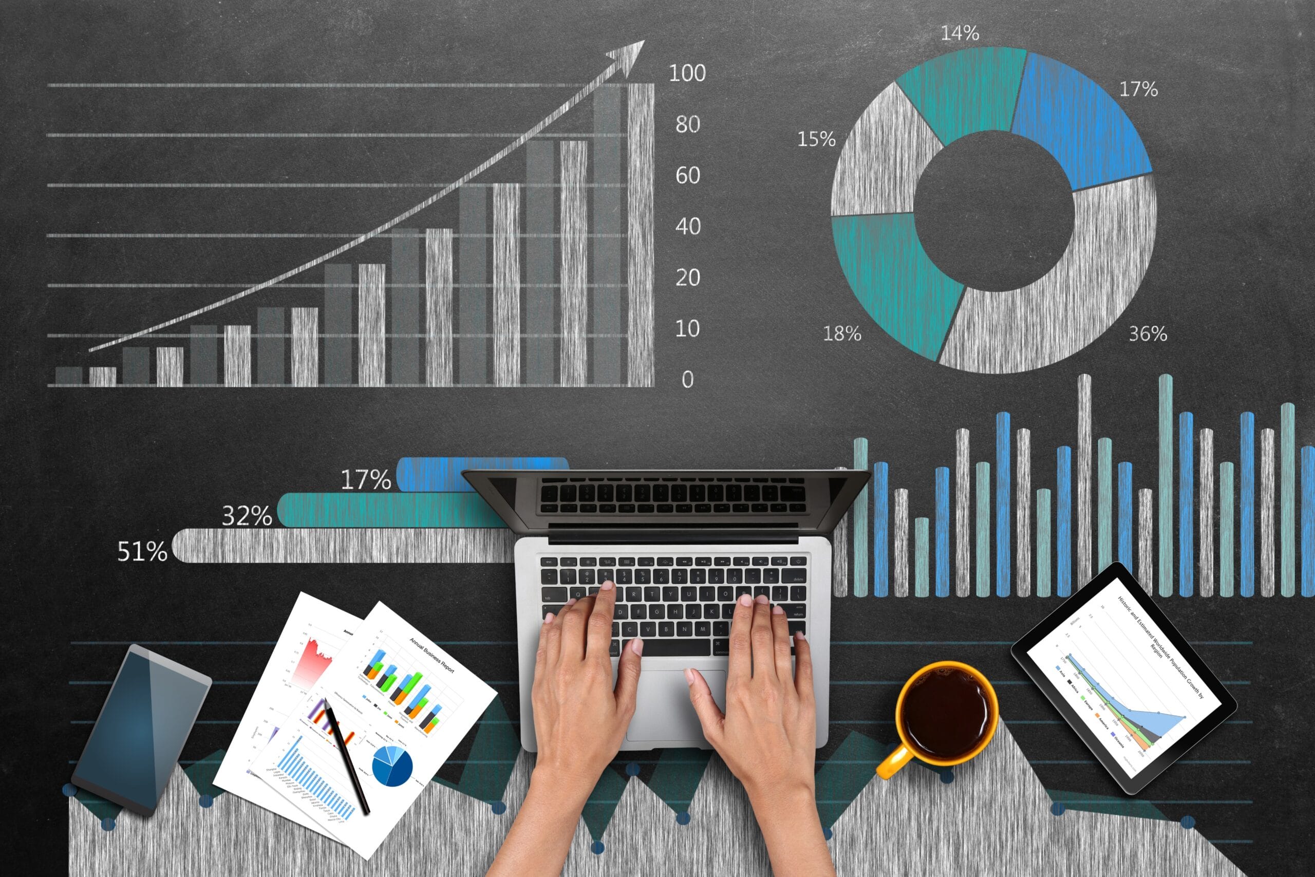 Market research business reports on laptop stock photo