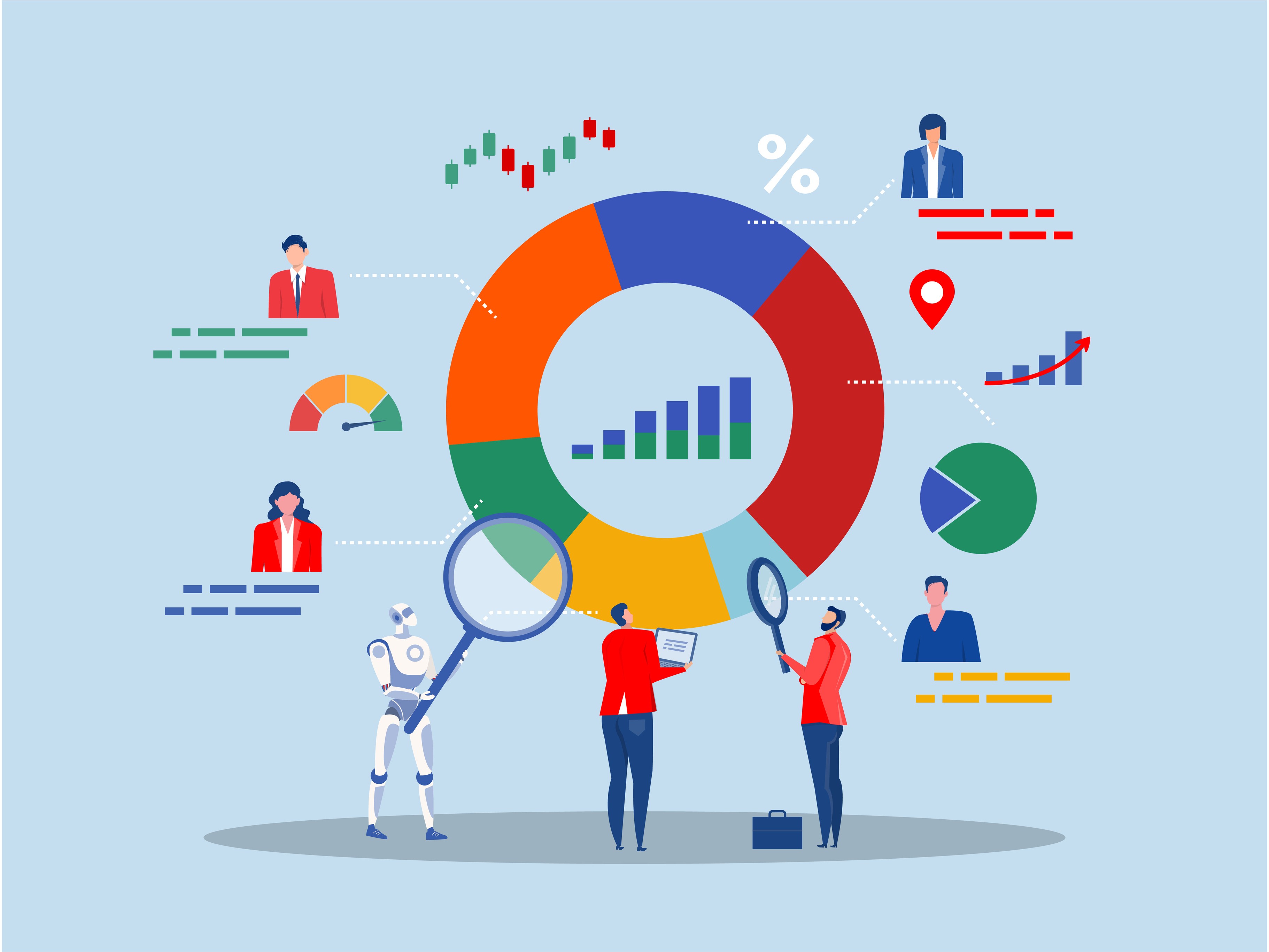 Business people look at magnify market data chart and graph