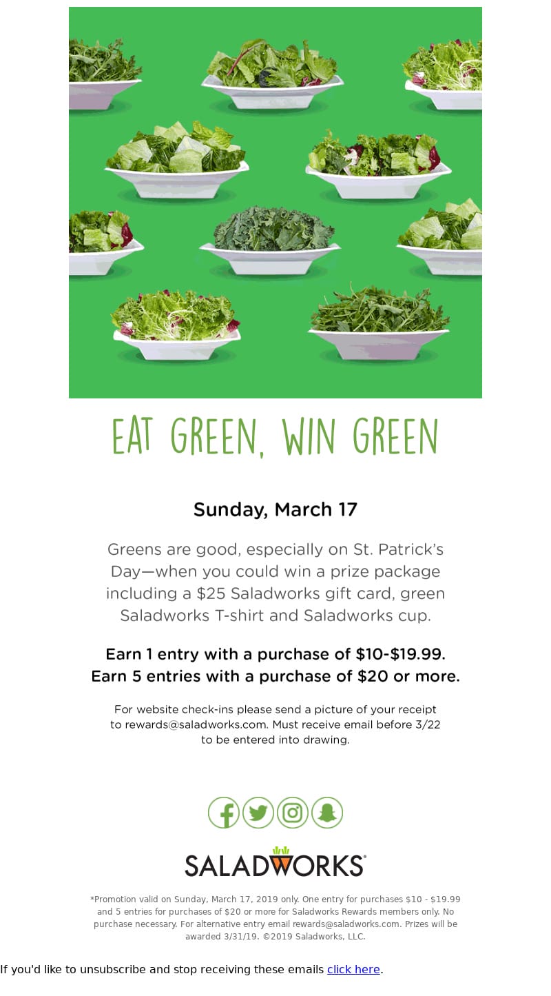 Example of St. Patrick's Day email campaign from Salad Works