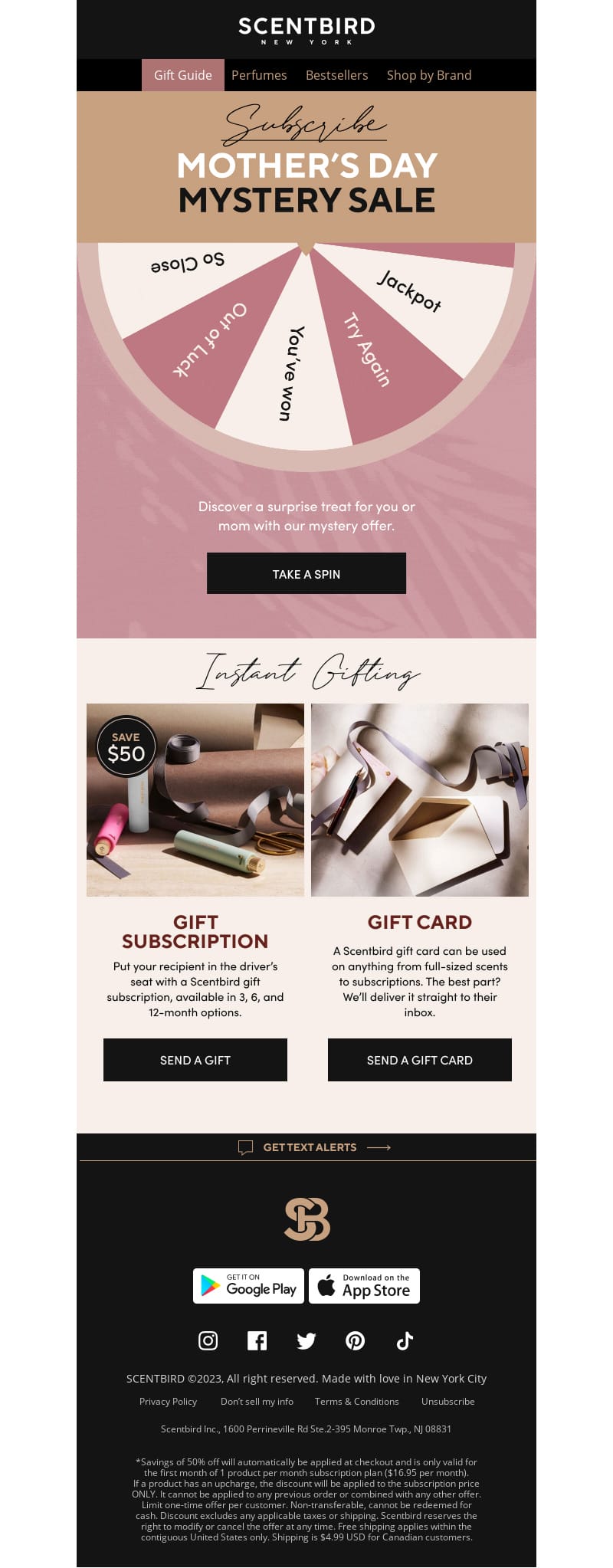 Scentbird, Mother's Day mystery sale email featuring an interactive spinning wheel for exclusive discounts