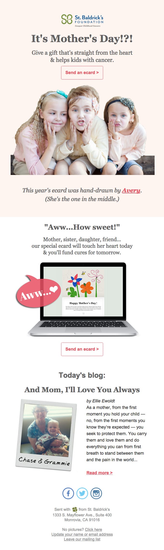 St. Baldrick's Foundation Mother's Day e-card email campaign, supporting children with cancer