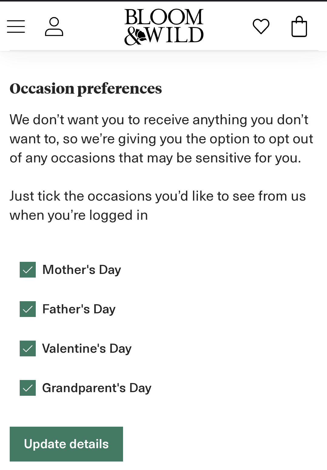 Bloom and Wild's preference center option