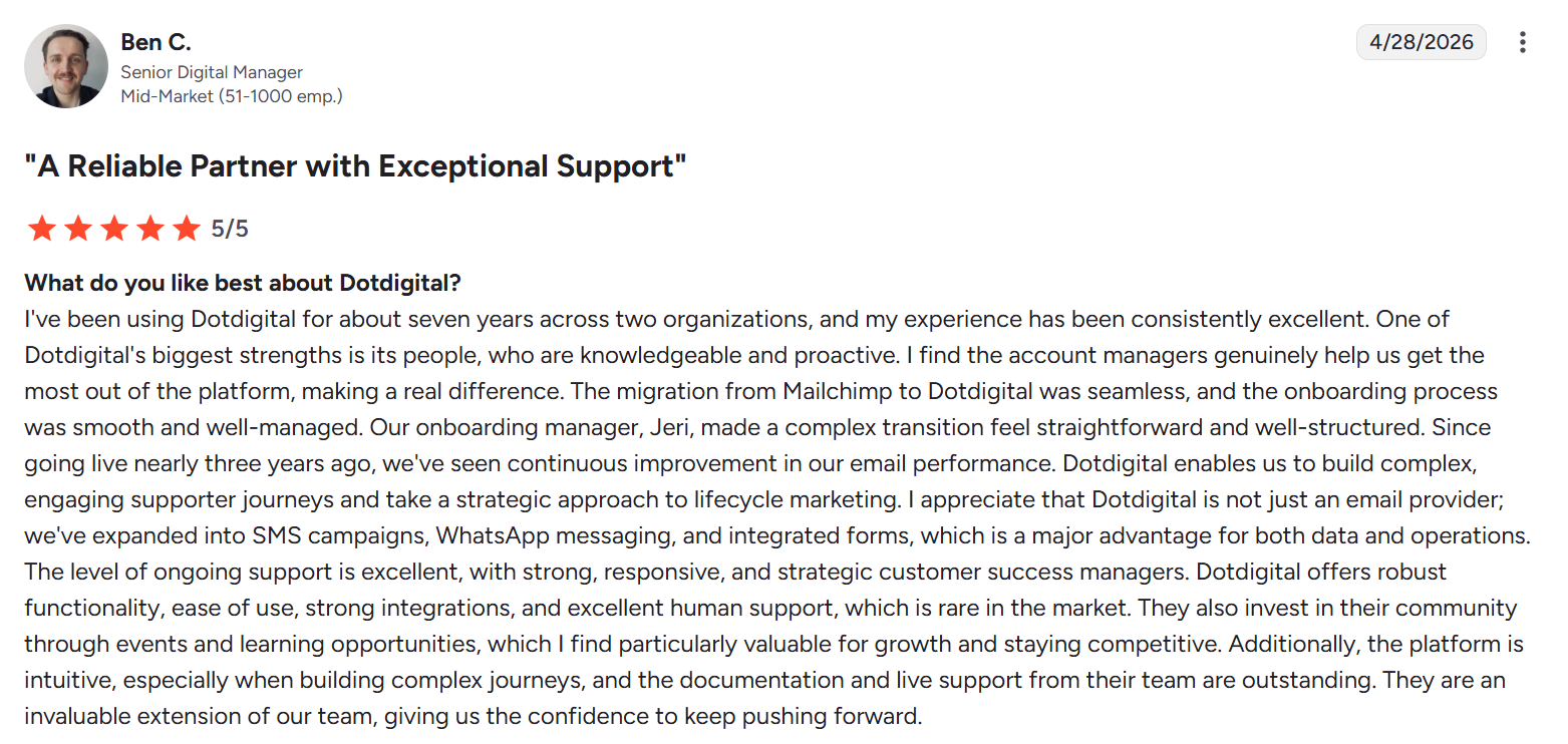 G2 review from customer who says Dotdigital is a reliable partner