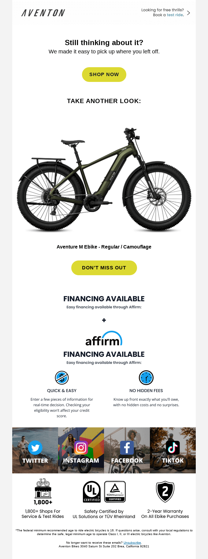 An abandoned cart email example from Aventon 