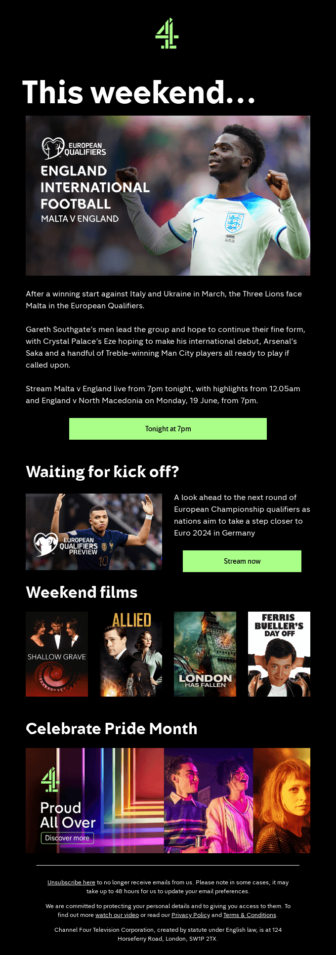 Channel 4 email detailing the upcoming game between England and Malta